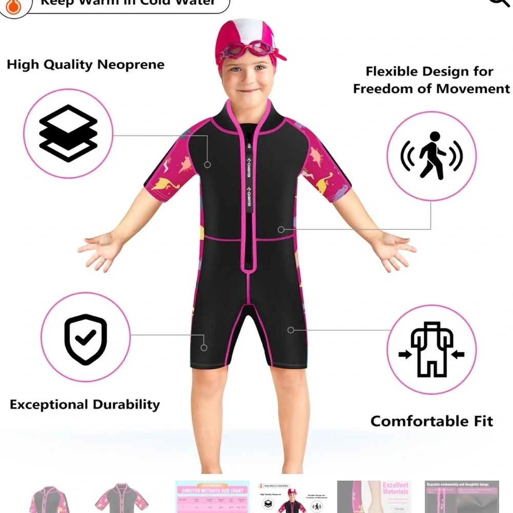 Chriffer Kids Wetsuit Size Medium Pink/Black Dino Print Details Short Sleeve